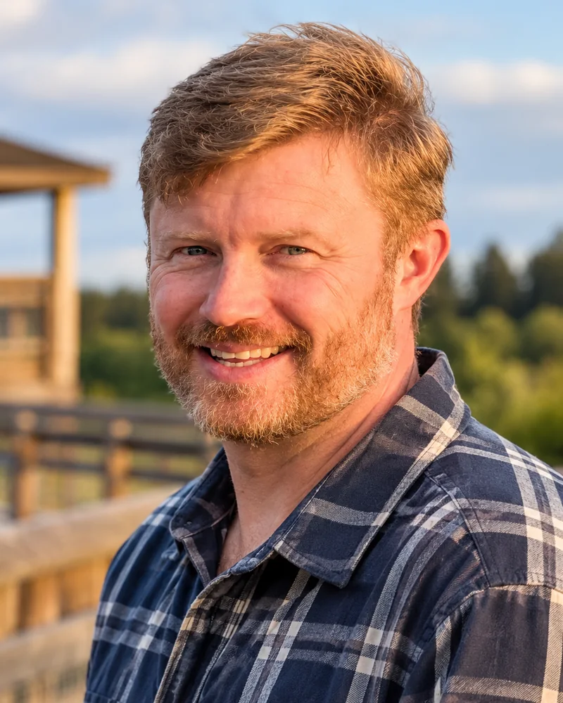 Ben Wilson, smiling, outdoors on a wooden boardwalk in evening light.