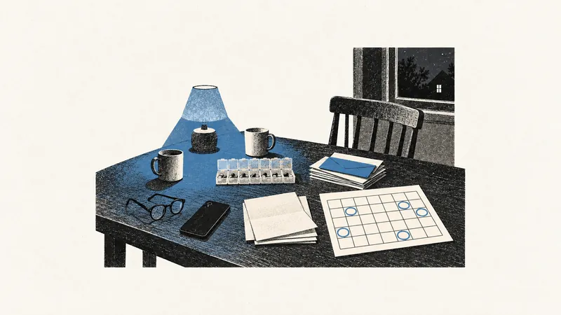 A quiet kitchen table with a pill organizer, letters, a calendar, two mugs and an empty chair.