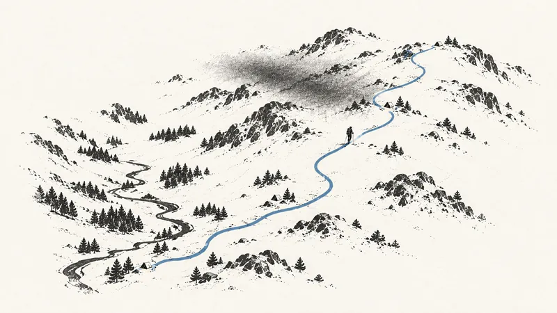 A trail winds past small campsites toward a distant ridge, with one walker and a passing weather shadow.