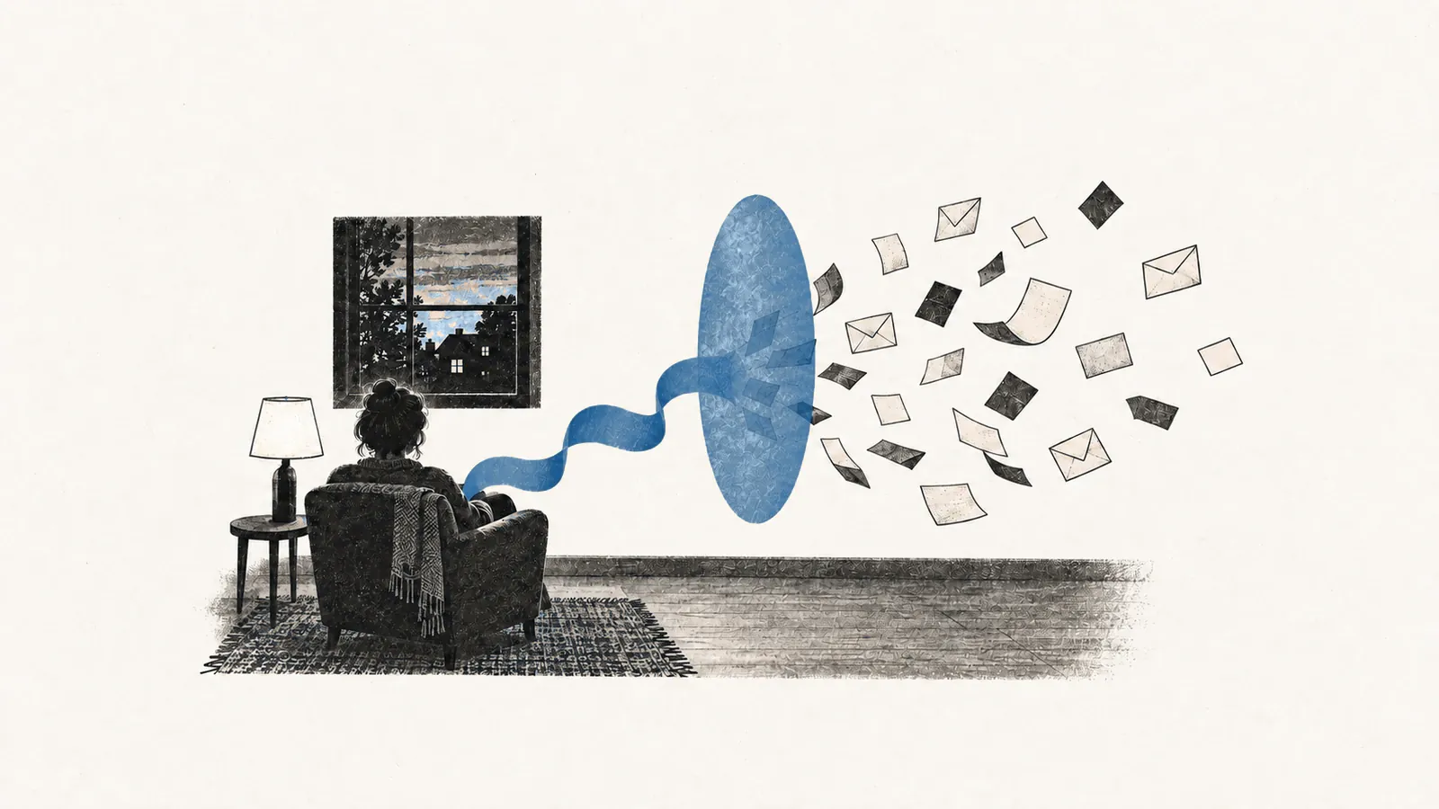 Blank messages pass through a hovering circle and become one ribbon flowing toward a seated person.